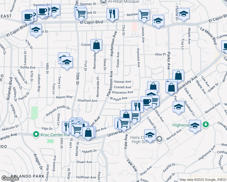 map of restaurants, bars, coffee shops, grocery stores, and more near 7222 Princeton Avenue in La Mesa