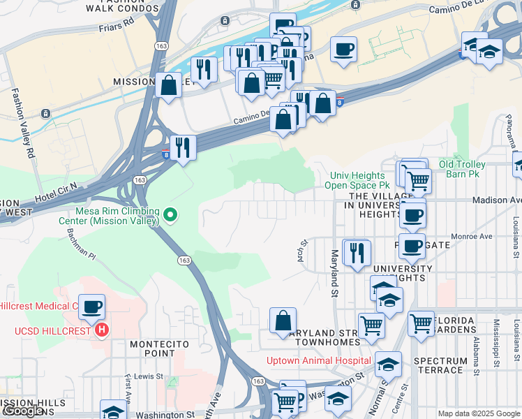 map of restaurants, bars, coffee shops, grocery stores, and more near 4575 Massachusetts Street in San Diego