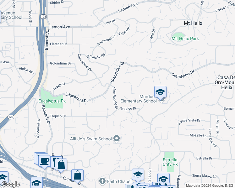 map of restaurants, bars, coffee shops, grocery stores, and more near 4339 Macronald Drive in La Mesa