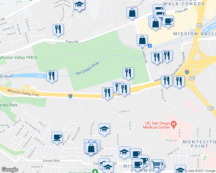 map of restaurants, bars, coffee shops, grocery stores, and more near 1440 Hotel Circle North in San Diego