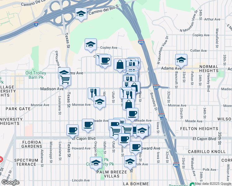 map of restaurants, bars, coffee shops, grocery stores, and more near 4571 Utah Street in San Diego