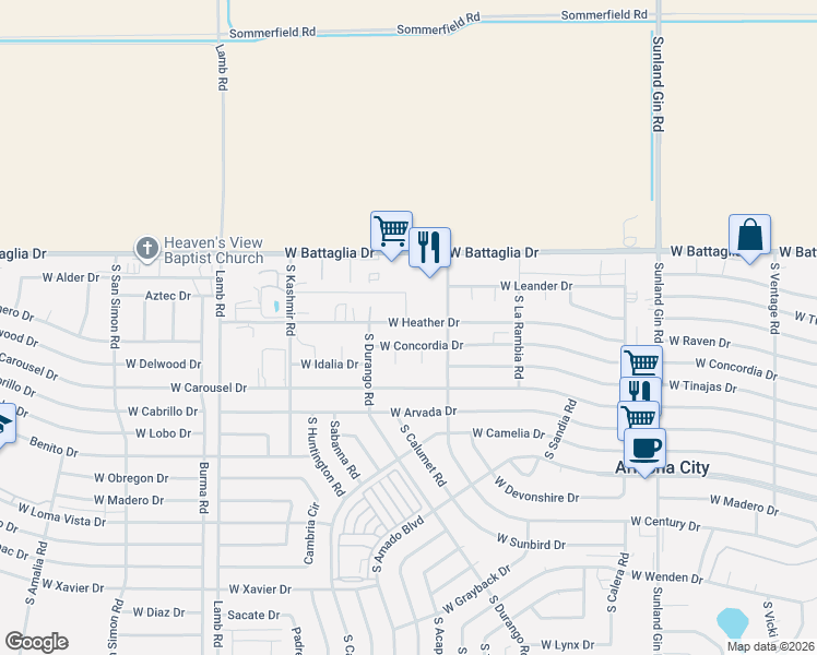 map of restaurants, bars, coffee shops, grocery stores, and more near 10548 West Concordia Drive in Arizona City