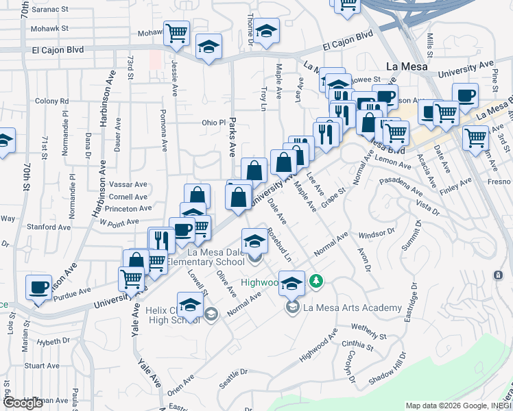 map of restaurants, bars, coffee shops, grocery stores, and more near 7601 University Avenue in La Mesa