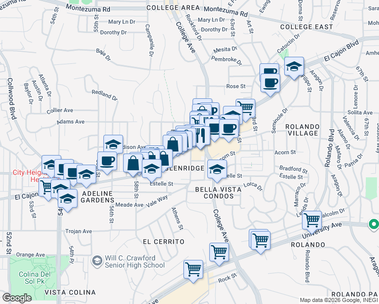 map of restaurants, bars, coffee shops, grocery stores, and more near in San Diego