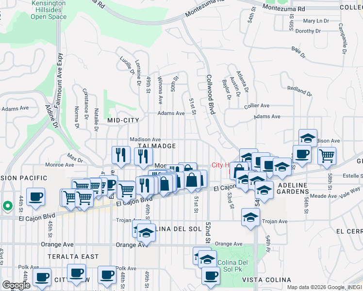 map of restaurants, bars, coffee shops, grocery stores, and more near 4555 Altadena Avenue in San Diego