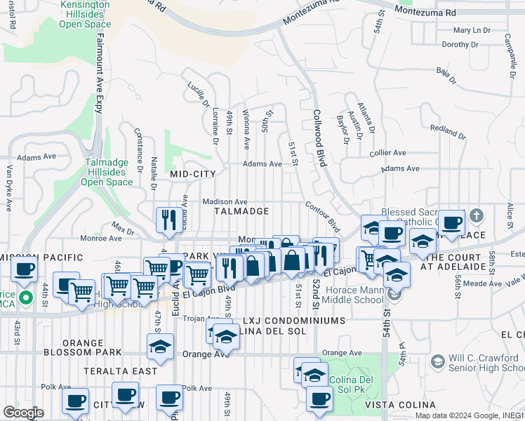 map of restaurants, bars, coffee shops, grocery stores, and more near 4554 50th Street in San Diego