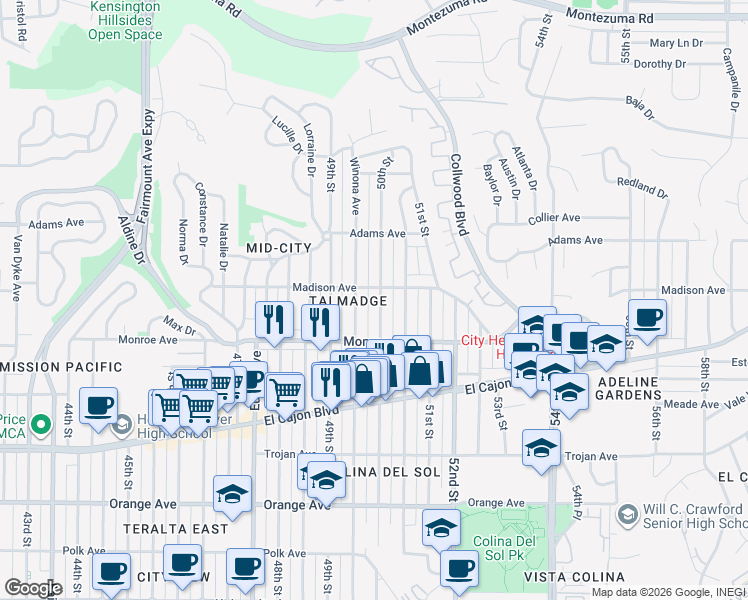 map of restaurants, bars, coffee shops, grocery stores, and more near 4554 50th Street in San Diego