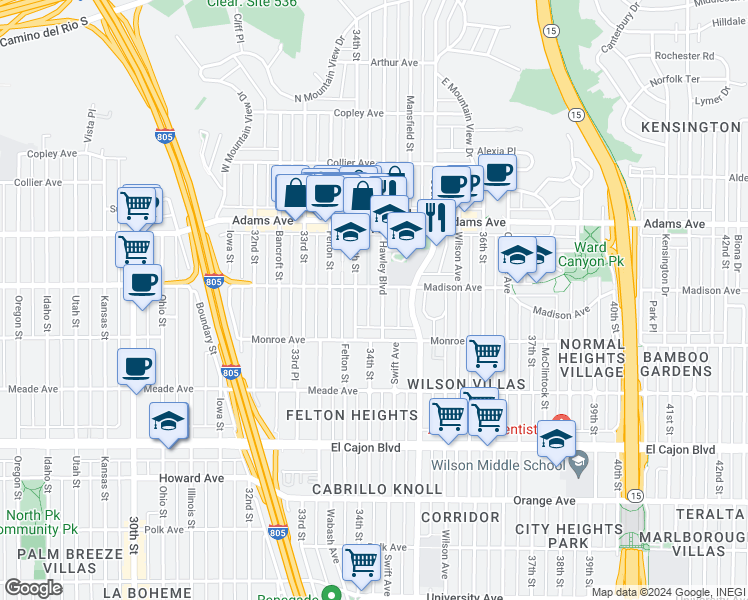 map of restaurants, bars, coffee shops, grocery stores, and more near 4540 Hawley Boulevard in San Diego