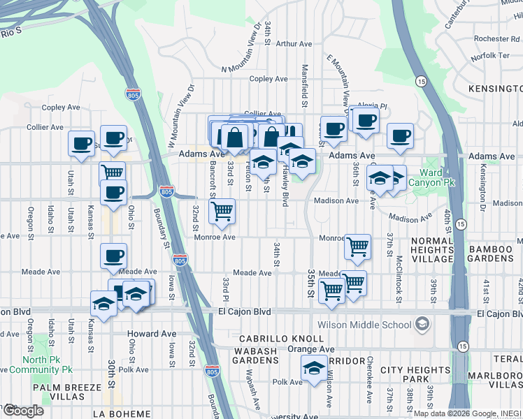 map of restaurants, bars, coffee shops, grocery stores, and more near 4546 34th Street in San Diego