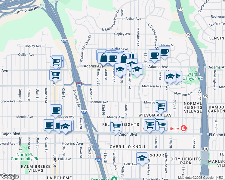 map of restaurants, bars, coffee shops, grocery stores, and more near 4546 34th Street in San Diego