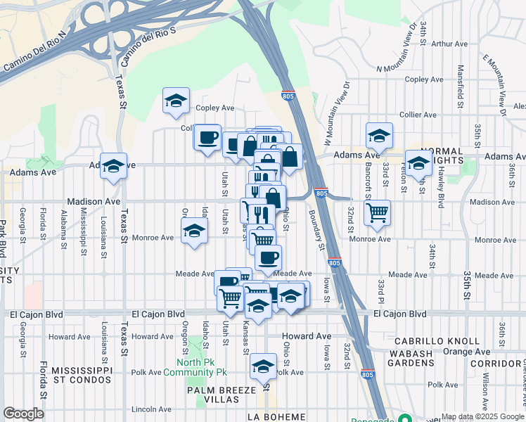 map of restaurants, bars, coffee shops, grocery stores, and more near 4542 30th Street in San Diego