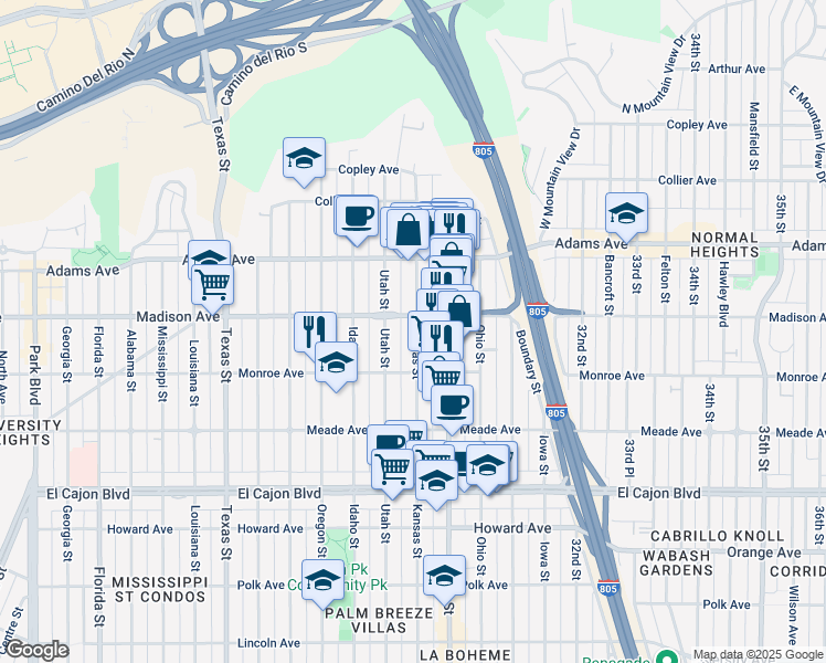 map of restaurants, bars, coffee shops, grocery stores, and more near 4540 Kansas Street in San Diego