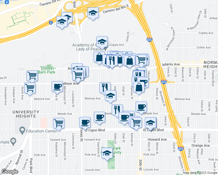 map of restaurants, bars, coffee shops, grocery stores, and more near 4541 Oregon Street in San Diego
