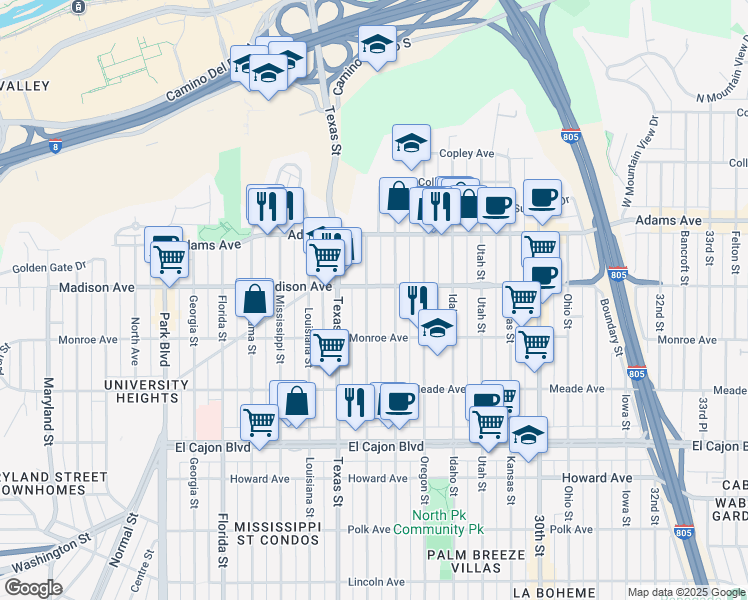 map of restaurants, bars, coffee shops, grocery stores, and more near 4546 Arizona Street in San Diego