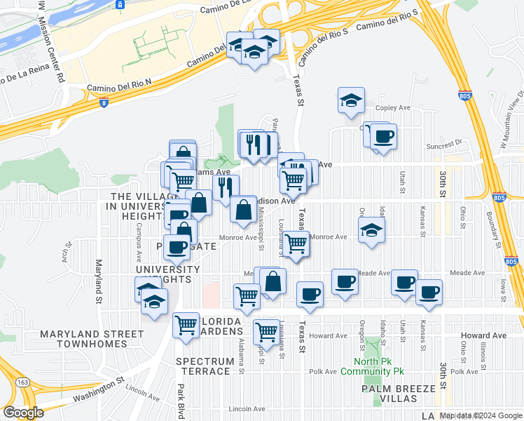 map of restaurants, bars, coffee shops, grocery stores, and more near 2201 Mission Avenue in San Diego