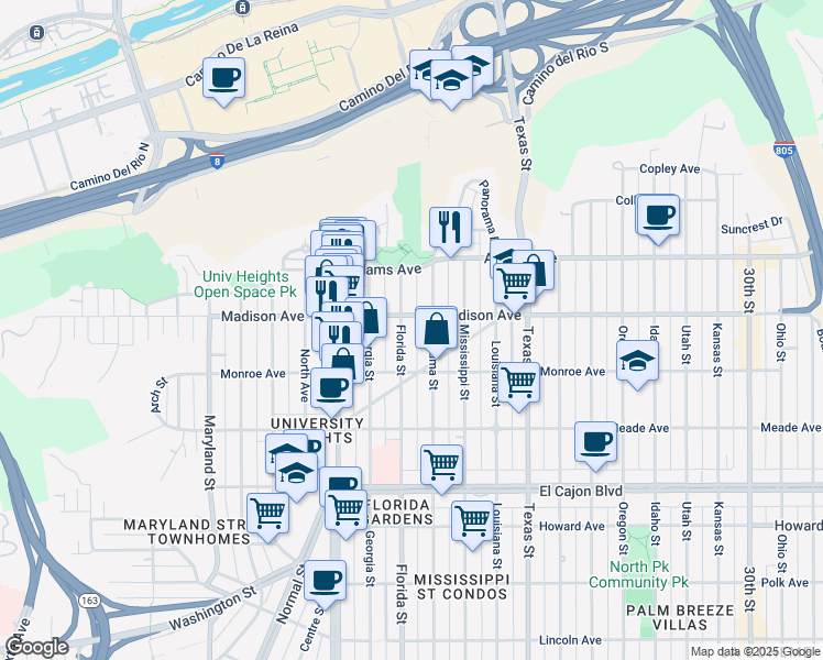 map of restaurants, bars, coffee shops, grocery stores, and more near 4546 Florida Street in San Diego