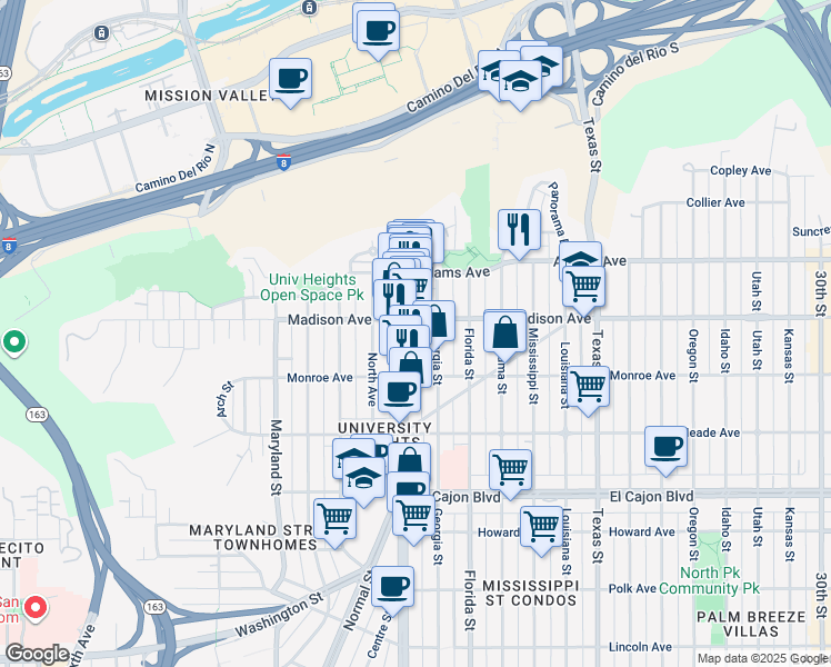 map of restaurants, bars, coffee shops, grocery stores, and more near 4546-48 Georgia Street in San Diego