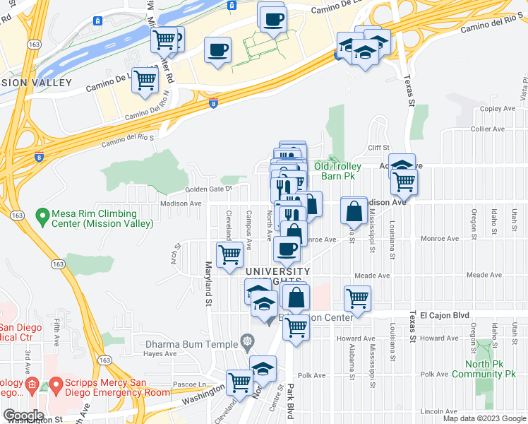 map of restaurants, bars, coffee shops, grocery stores, and more near 4545 Campus Avenue in San Diego