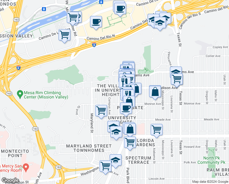 map of restaurants, bars, coffee shops, grocery stores, and more near 4545 Campus Avenue in San Diego