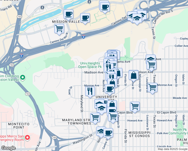 map of restaurants, bars, coffee shops, grocery stores, and more near 4545 Campus Avenue in San Diego