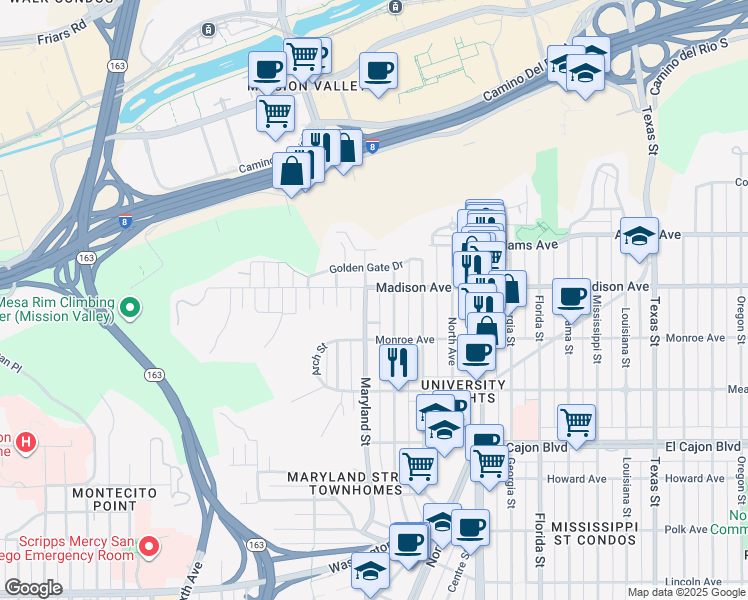 map of restaurants, bars, coffee shops, grocery stores, and more near 4544 Maryland Street in San Diego