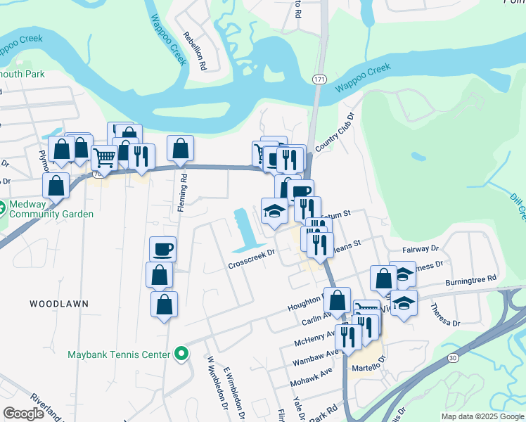map of restaurants, bars, coffee shops, grocery stores, and more near 8 Town Park Lane in Charleston