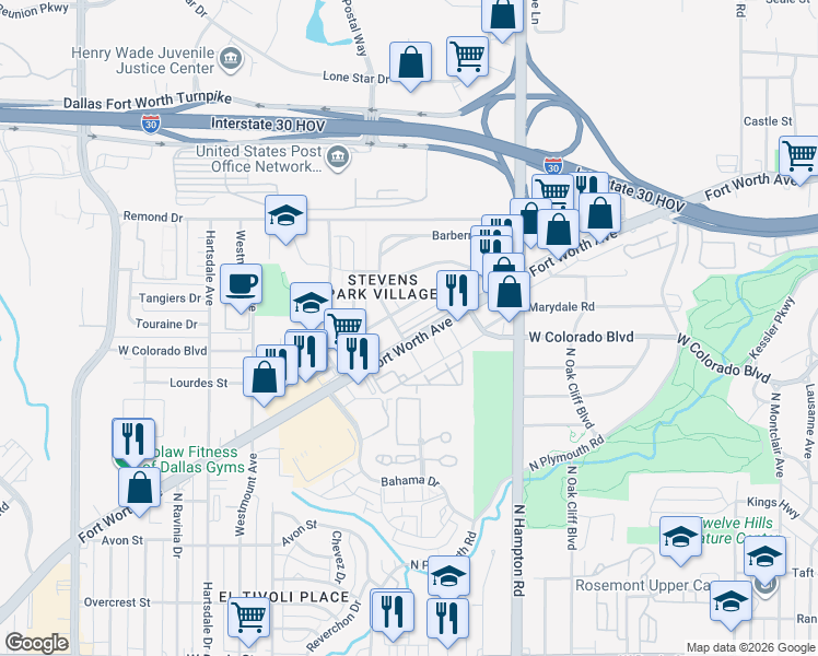 map of restaurants, bars, coffee shops, grocery stores, and more near in Dallas
