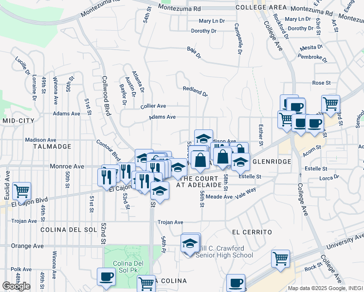 map of restaurants, bars, coffee shops, grocery stores, and more near 5459 Madison Avenue in San Diego
