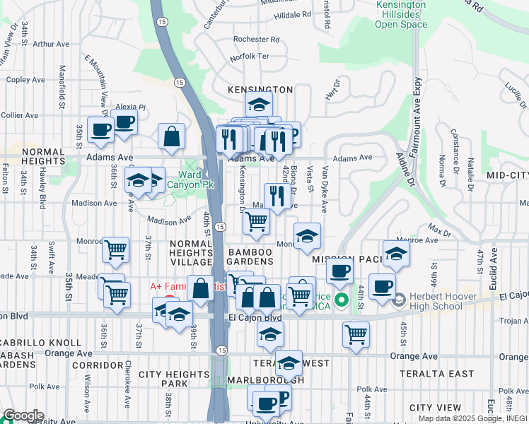 map of restaurants, bars, coffee shops, grocery stores, and more near 4571 Marlborough Drive in San Diego