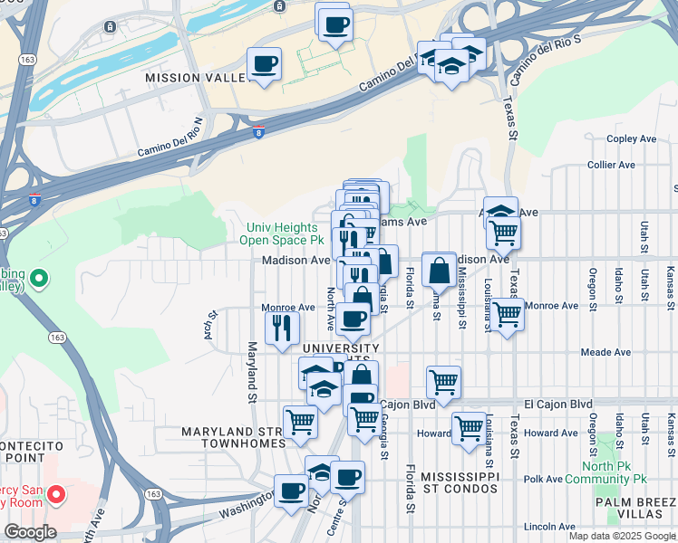 map of restaurants, bars, coffee shops, grocery stores, and more near 4575 North Avenue in San Diego