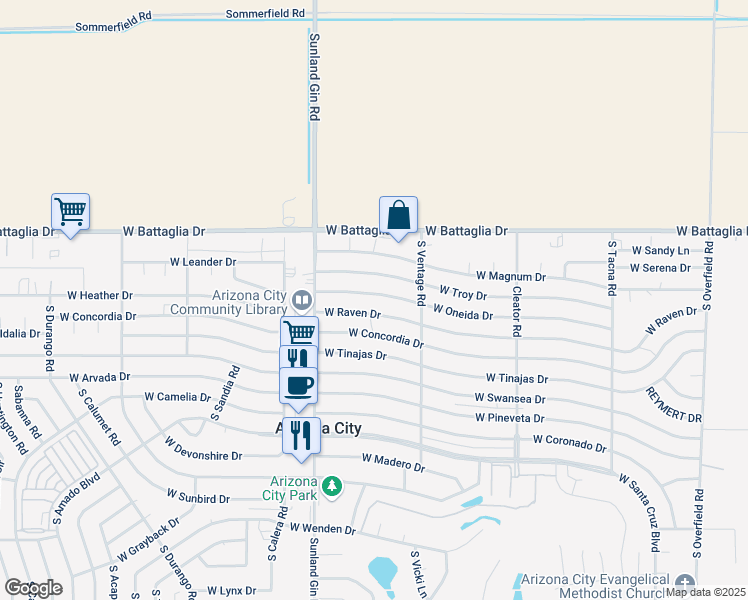 map of restaurants, bars, coffee shops, grocery stores, and more near 9418 West Raven Drive in Arizona City