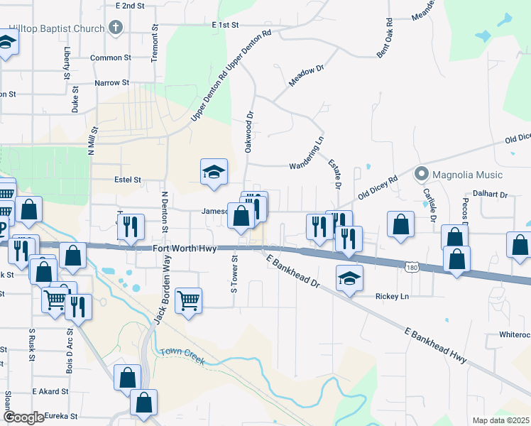 map of restaurants, bars, coffee shops, grocery stores, and more near 106 North Bankhead Road in Weatherford