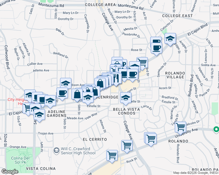 map of restaurants, bars, coffee shops, grocery stores, and more near 5961 El Cajon Boulevard in San Diego