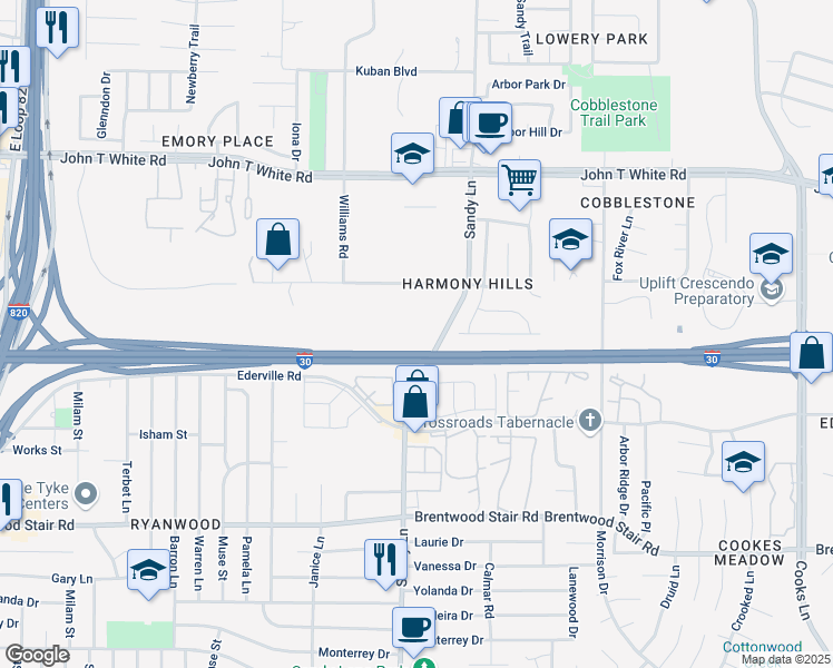 map of restaurants, bars, coffee shops, grocery stores, and more near 1250 Sandy Lane in Fort Worth
