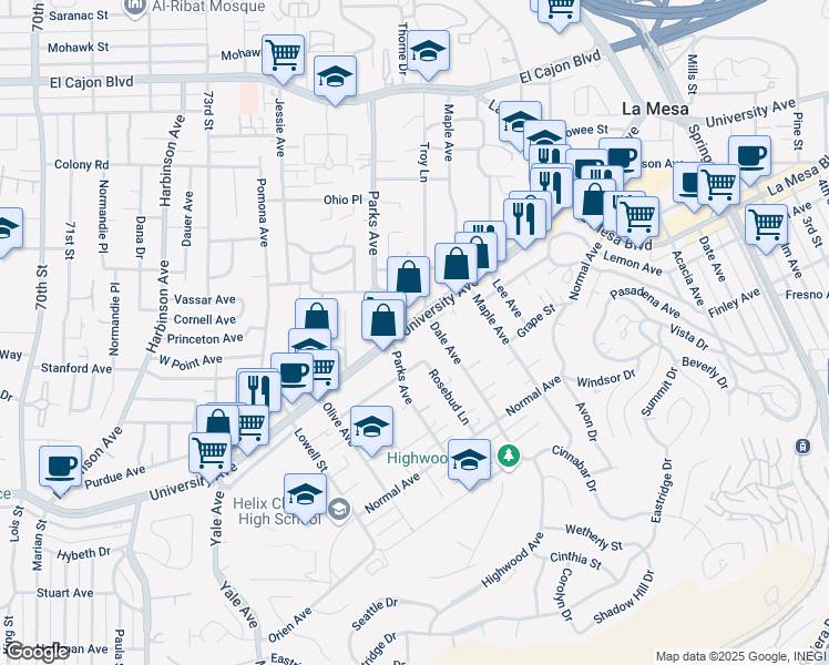 map of restaurants, bars, coffee shops, grocery stores, and more near 7643 University Avenue in La Mesa