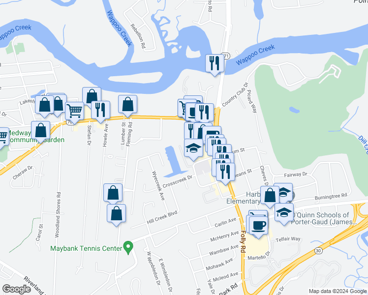 map of restaurants, bars, coffee shops, grocery stores, and more near 12 Town Park Lane in Charleston