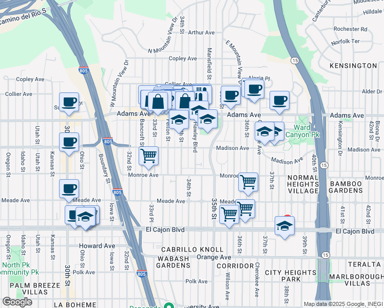 map of restaurants, bars, coffee shops, grocery stores, and more near 4540 Hawley Boulevard in San Diego