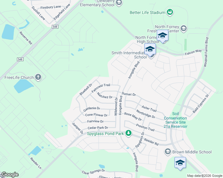 map of restaurants, bars, coffee shops, grocery stores, and more near 2211 Sumac Drive in Forney