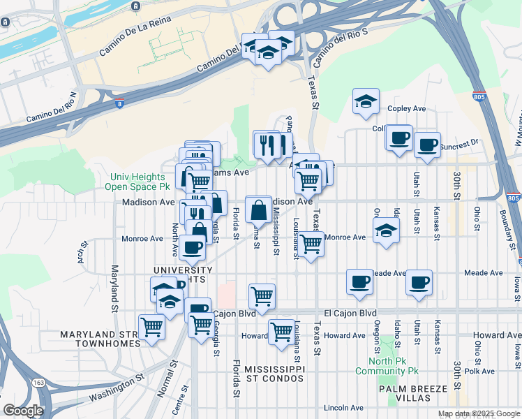map of restaurants, bars, coffee shops, grocery stores, and more near 4559 Alabama Street in San Diego