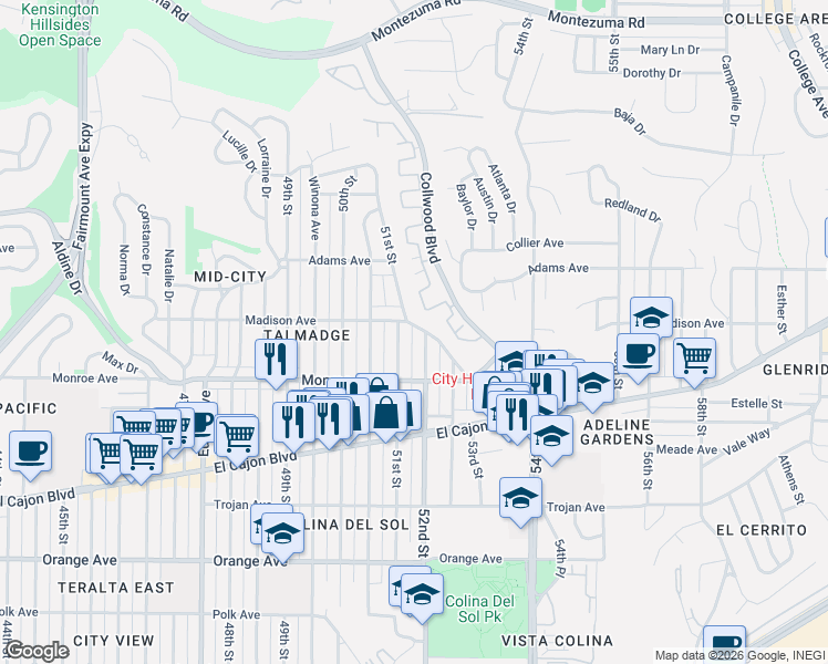 map of restaurants, bars, coffee shops, grocery stores, and more near 4562 52nd Street in San Diego