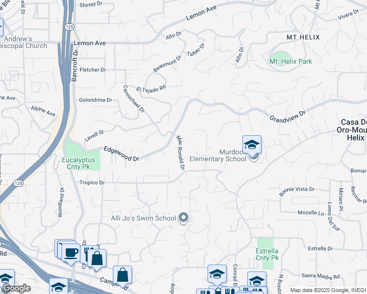 map of restaurants, bars, coffee shops, grocery stores, and more near 4339 Macronald Drive in La Mesa