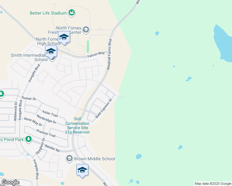 map of restaurants, bars, coffee shops, grocery stores, and more near 9400 Bald Cypress Street in Forney