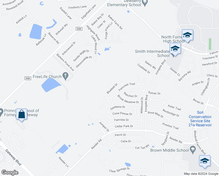 map of restaurants, bars, coffee shops, grocery stores, and more near 2130 Bluebell Drive in Forney