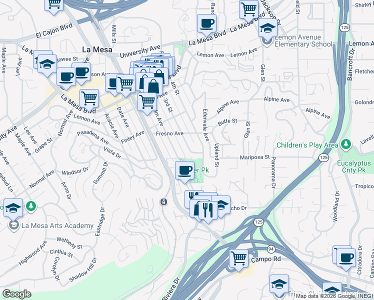 map of restaurants, bars, coffee shops, grocery stores, and more near 4514 3rd Street in La Mesa
