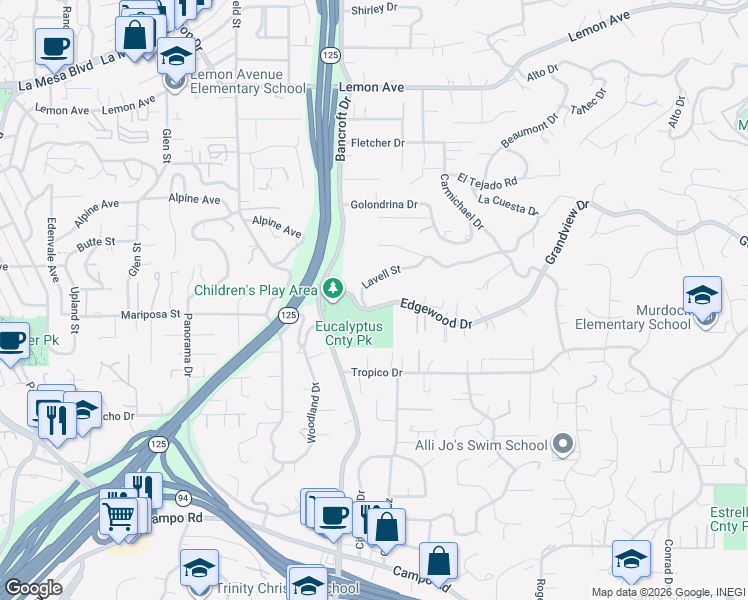 map of restaurants, bars, coffee shops, grocery stores, and more near 9208 Edgewood Drive in La Mesa