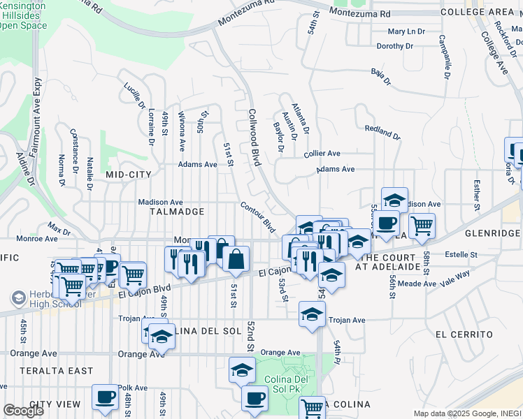map of restaurants, bars, coffee shops, grocery stores, and more near 4545 Contour Boulevard in San Diego