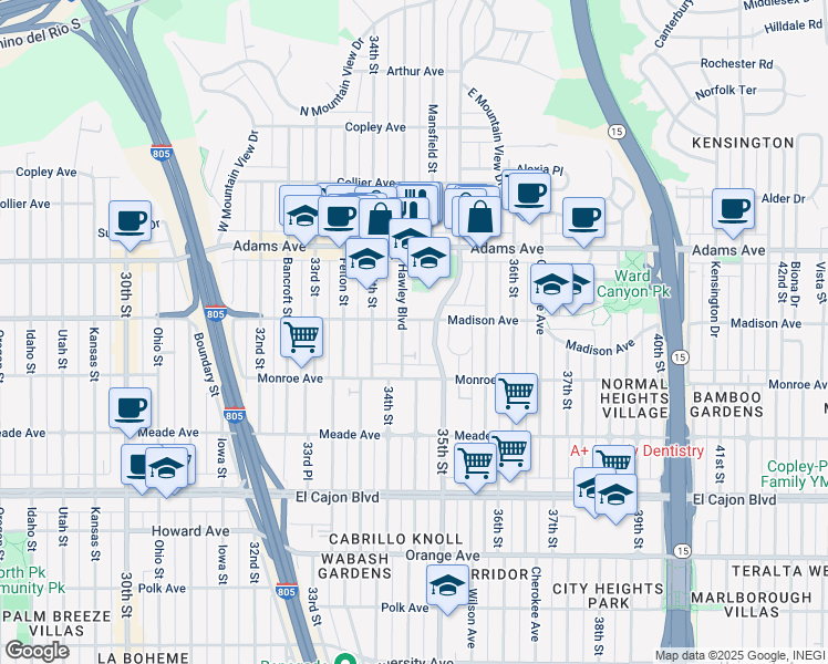 map of restaurants, bars, coffee shops, grocery stores, and more near 4579 Hawley Boulevard in San Diego