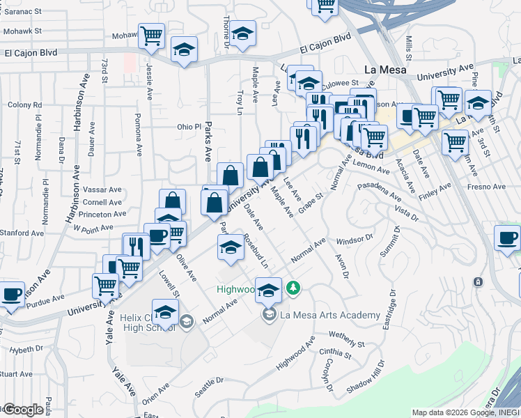 map of restaurants, bars, coffee shops, grocery stores, and more near 4460 Dale Avenue in La Mesa