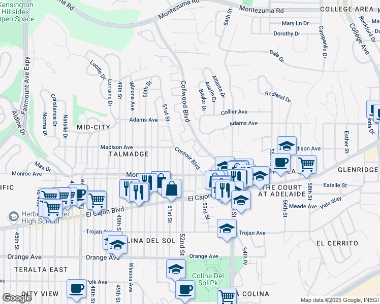map of restaurants, bars, coffee shops, grocery stores, and more near 4545 Contour Boulevard in San Diego