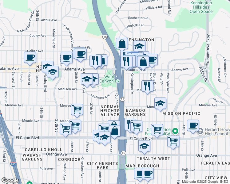 map of restaurants, bars, coffee shops, grocery stores, and more near 4544 40th Street in San Diego